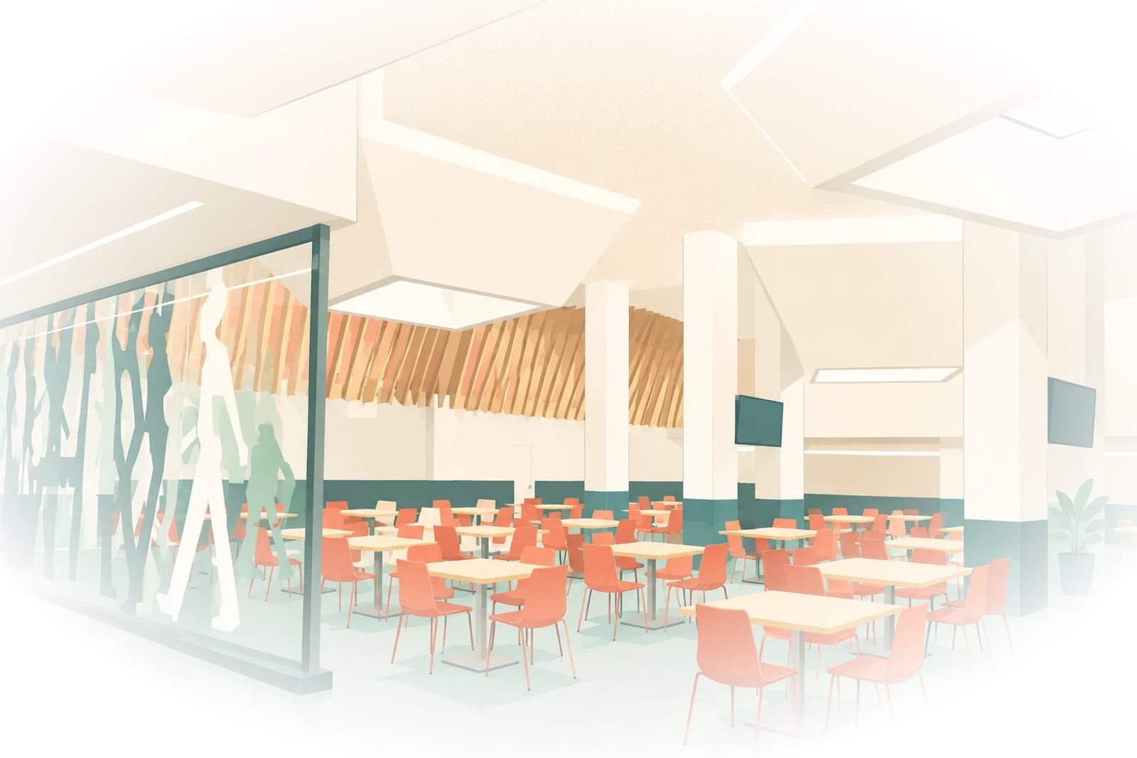 The bright campus cafeteria with coral chairs and wooden tables