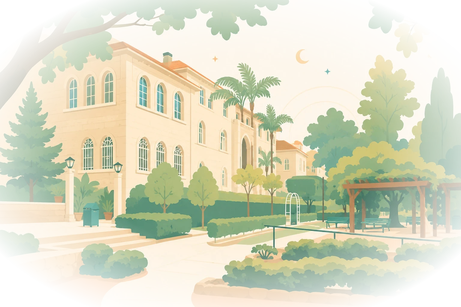 The campus garden with its pergola, benches, and stone paths