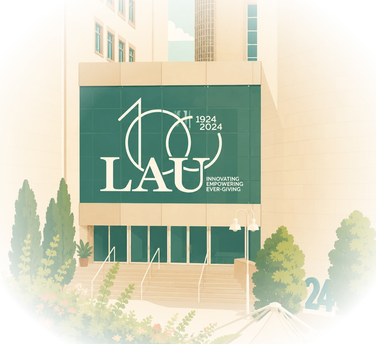 The LAU centennial facade above the entrance steps