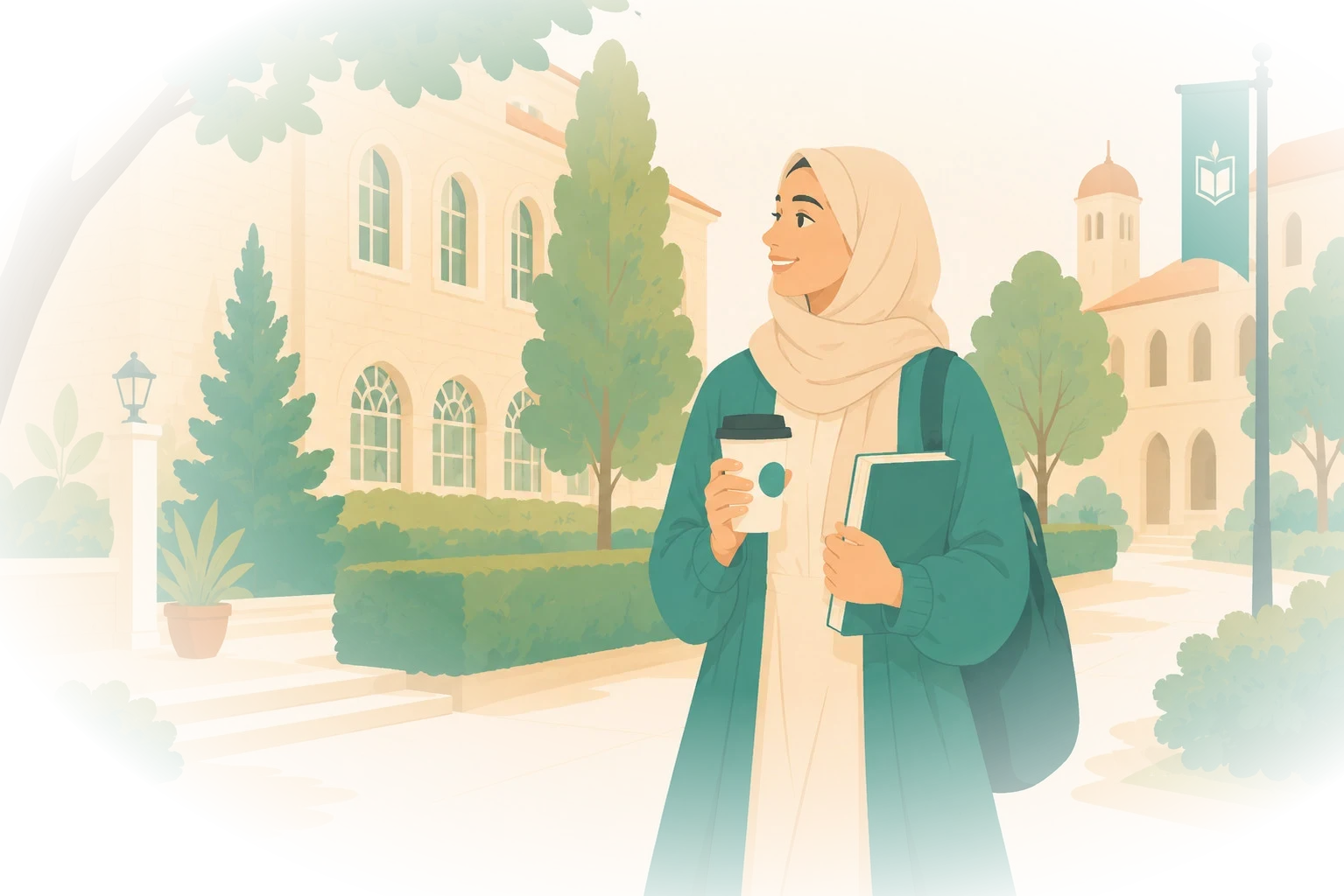 A student heading across campus with coffee and books