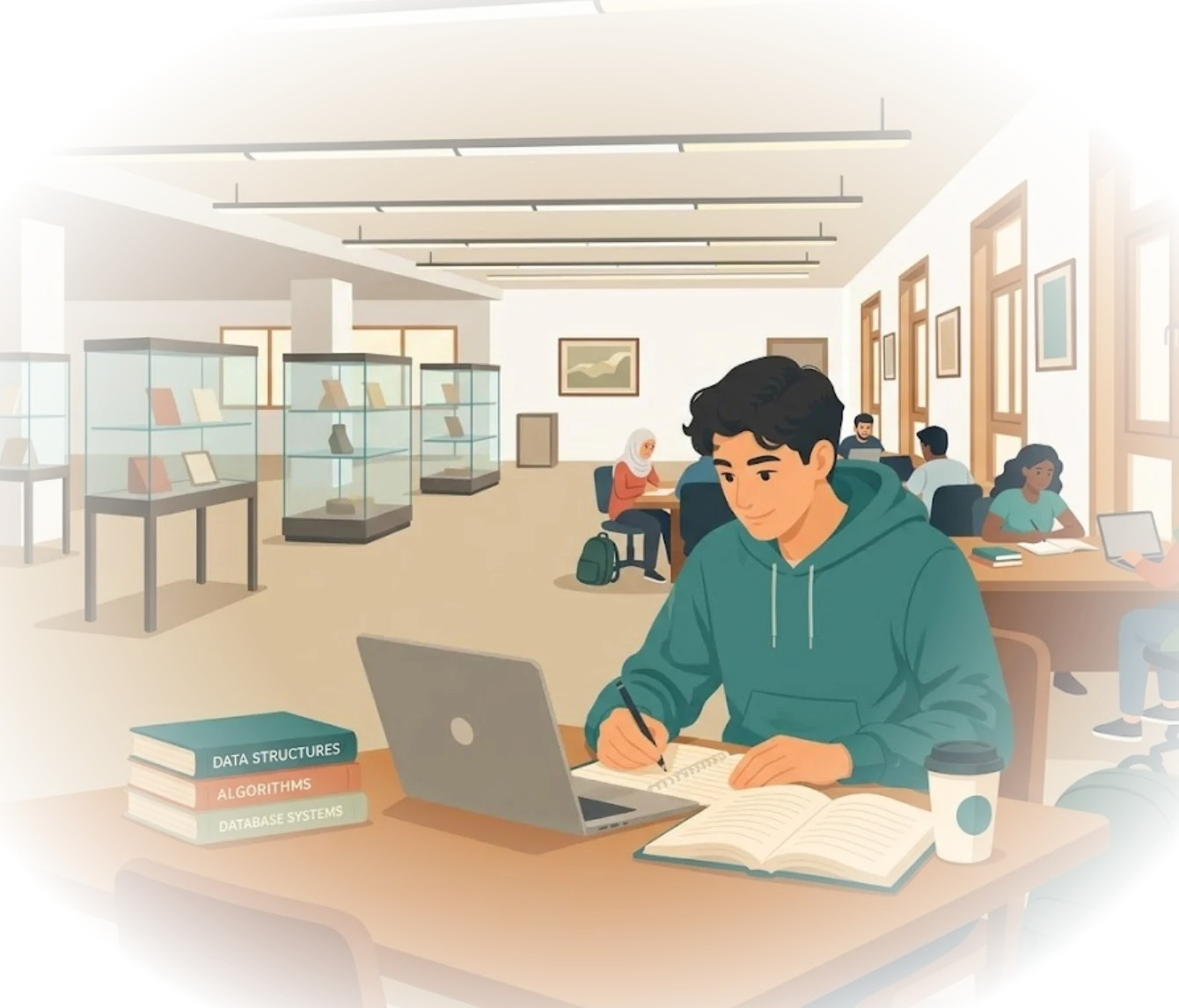 A student taking notes beside a laptop in the reading room